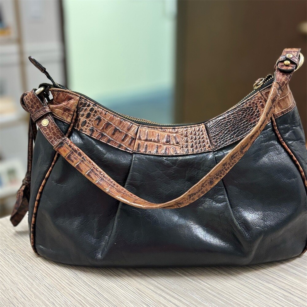 Brahmin Tuscan Hobo Shoulder Bag Womens Black Brown Croc Embossed Gold